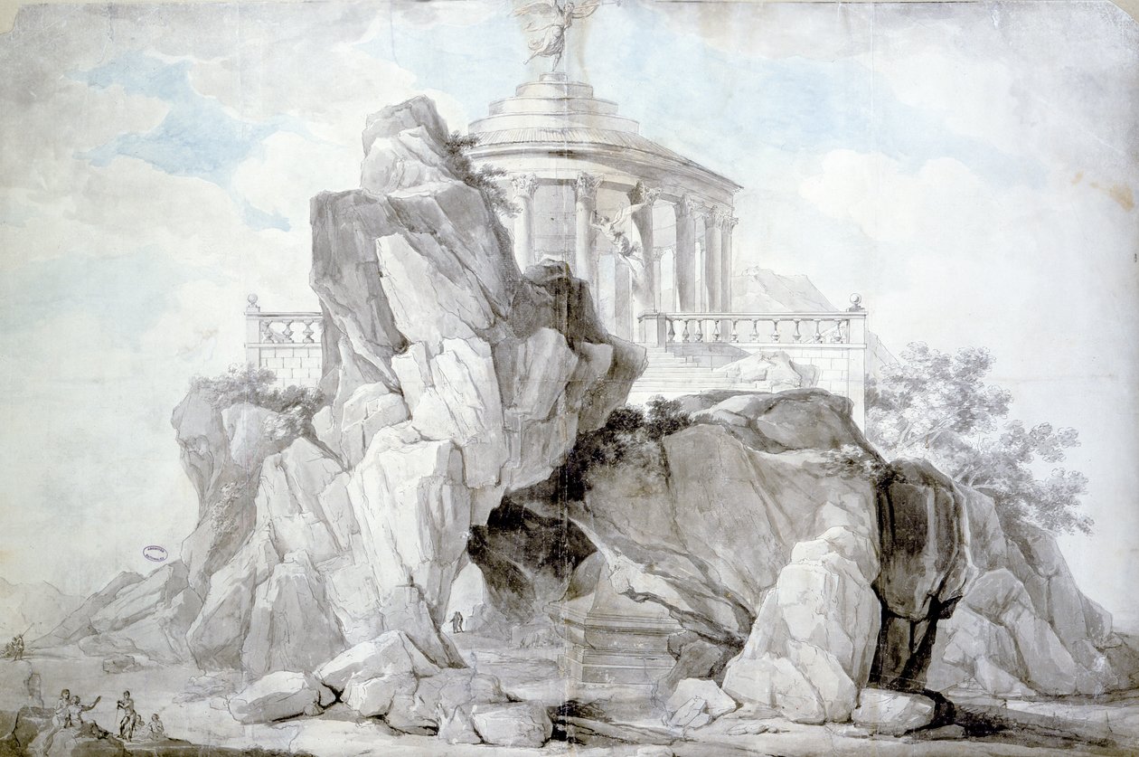 Projekt för ett konstgjort berg till ära av Förnuftets festival som ska uppföras i en offentlig trädgård i Bordeaux, 1795 (wc på papper) av L. Dutourd