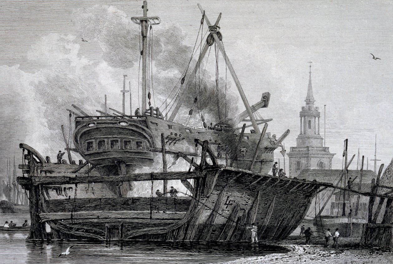Rotherhithe, Floating Dock 1815, graverad av J. C. Allen, från Views on the Thames publicerad av WB & George Cooke, 1822 av L. Francia