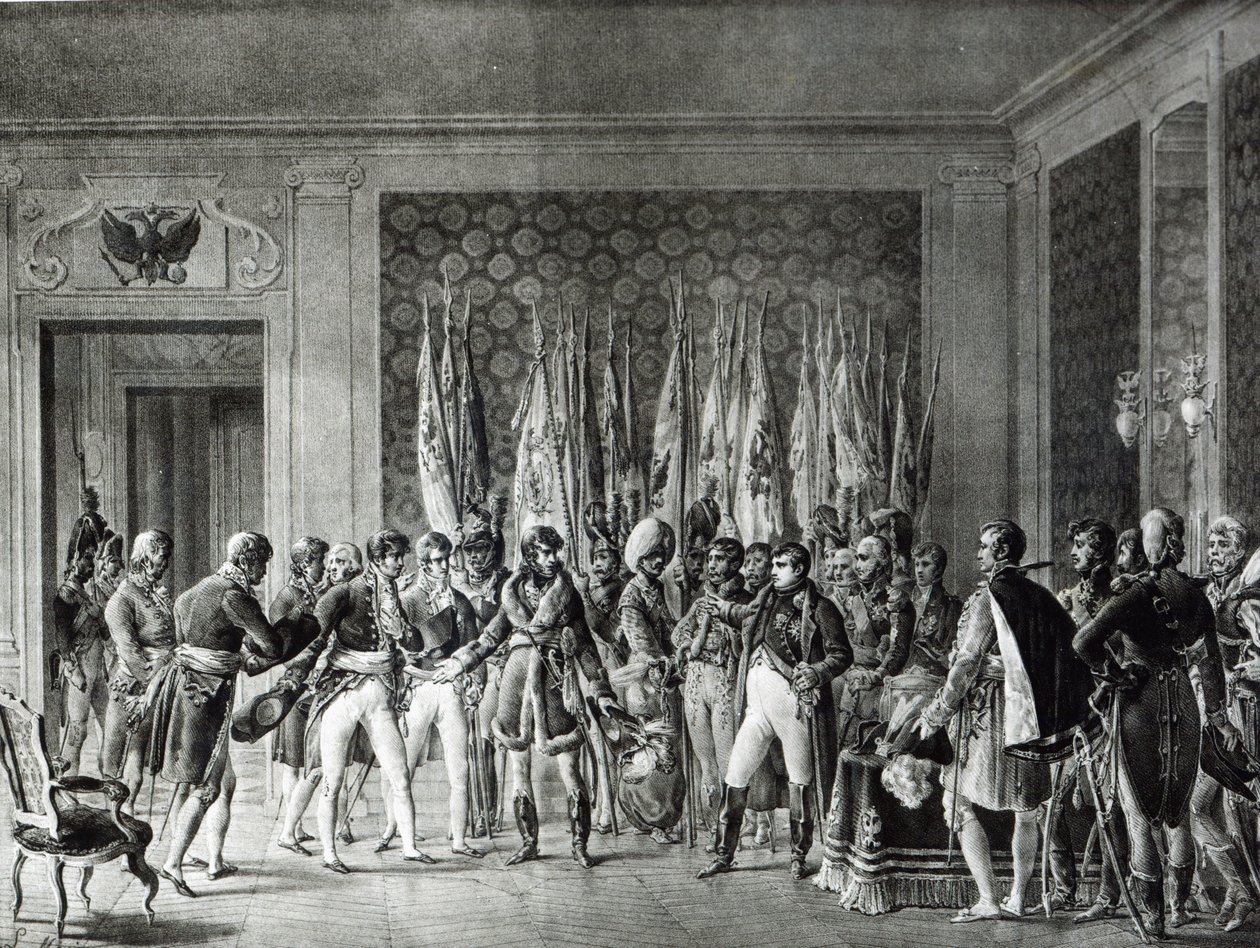Napoleon ger flaggorna som vann i Austerlitz 1805 till borgmästarna i Paris som besökte honom i Schönbrunn av L. Marin