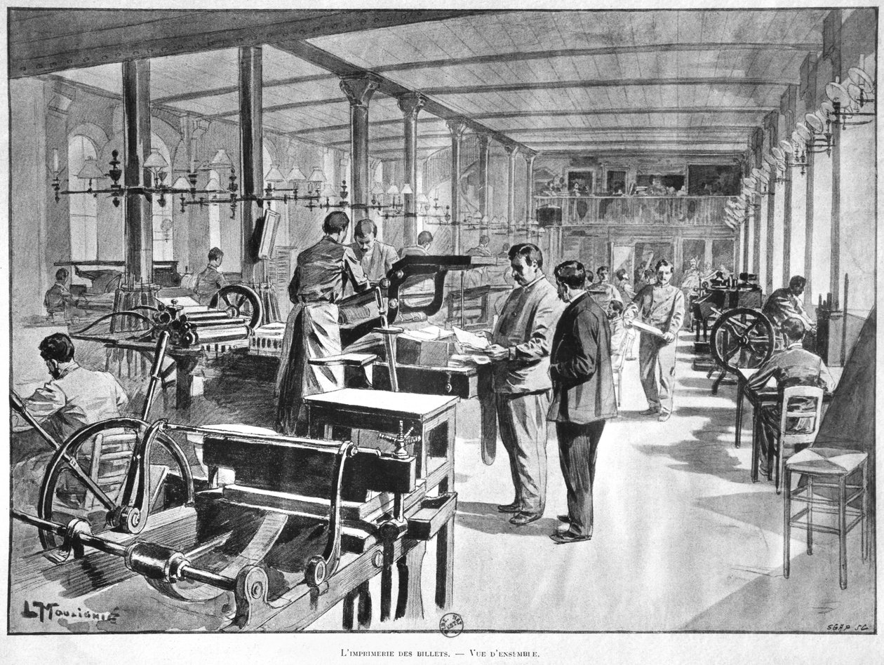 Tryckning av sedlarna vid Paris Bank of France, 1897 av L. Moulignie