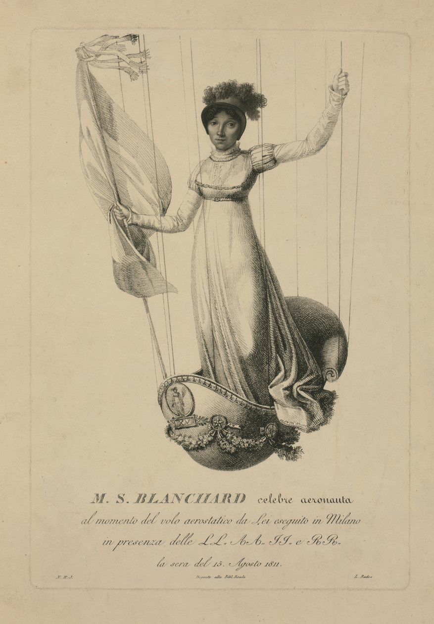 Sophie Blanchard i korgen med sin ballong under sin flygning i Milano i närvaro av Napoleon, 1811 av L. Rados