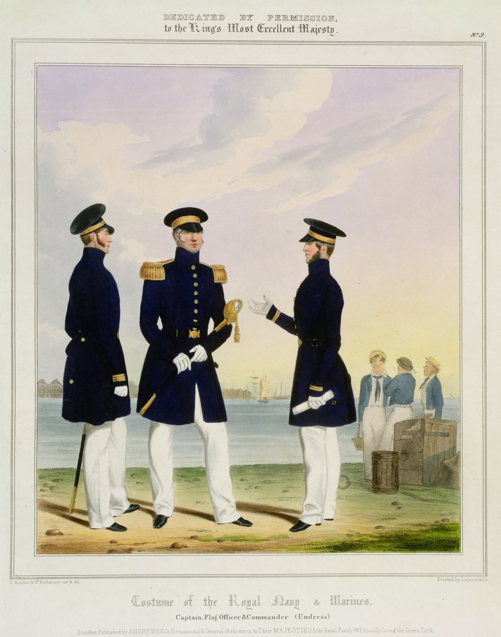 Kapten, flaggofficer och befälhavare (avklädd) platta 9 från "Costume of the Royal Navy and Marines", graverad av konstnärerna, ca 1830-37 av L. and Eschauzier, St. Mansion