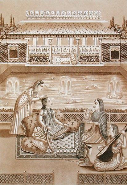 Indisk kvinna vid sin toalett, tidigt 1800-tal (sepiautskrift) av L.A. and Morret J.B. Lecerf