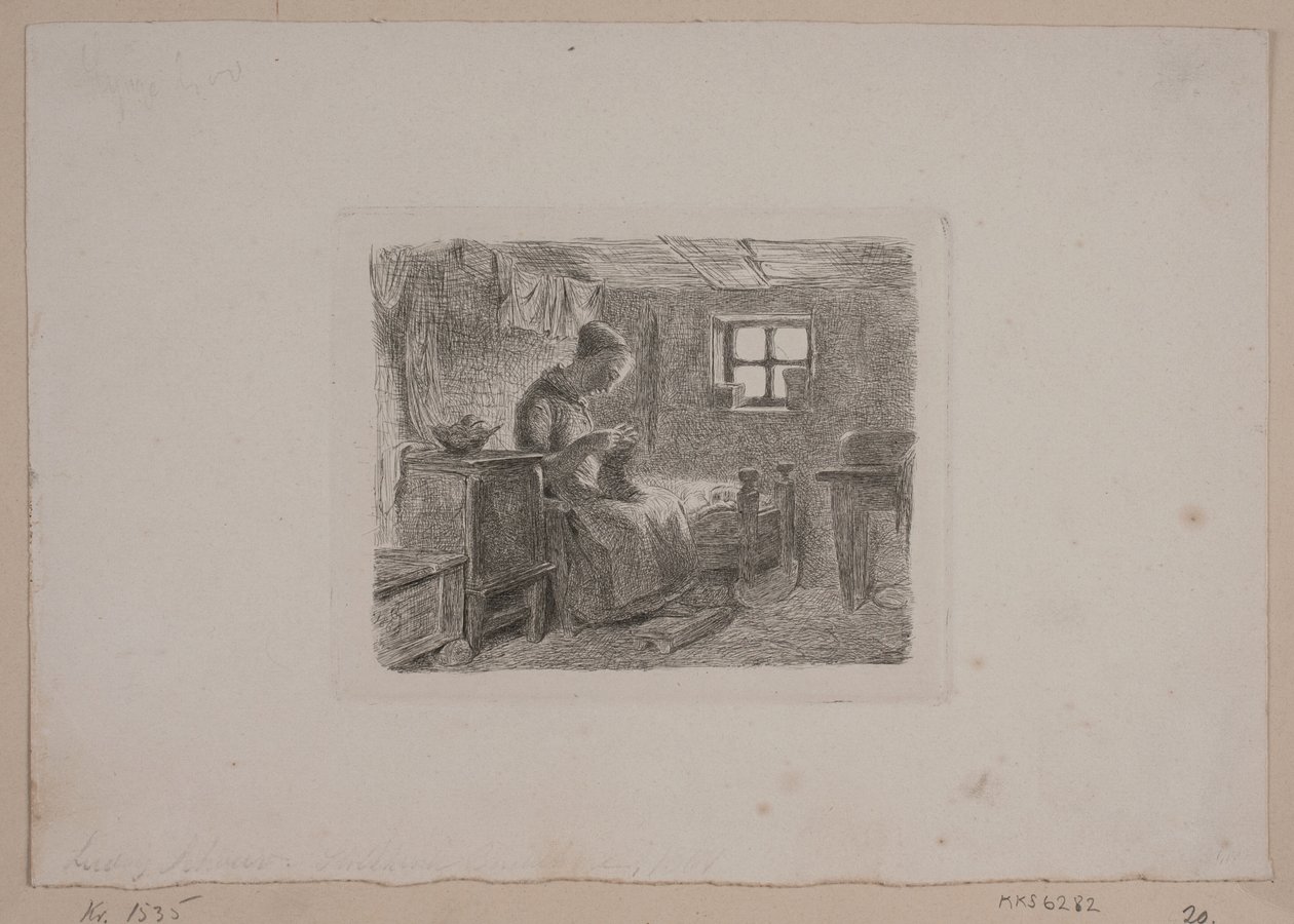Bondgård med en stickande fru av L.A. Schou