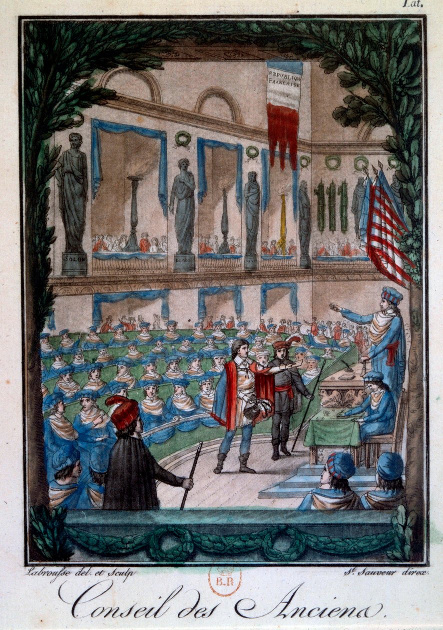 Katalog: "" Le Conseil des Ancients"" Gravyr från "" Mors et customs du peuple francais"", gravyr av Labrousse. 1700-talets Paris, B.N. av L.F. Labrousse