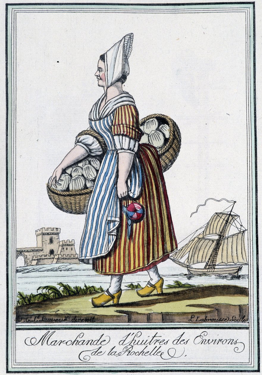 Ostronhandlare runt La Rochelle (Charente Maritime) - i "" Travel encyclopedia"" av J. Grasset St Sauveur, Deron, Paris av L.F. Labrousse