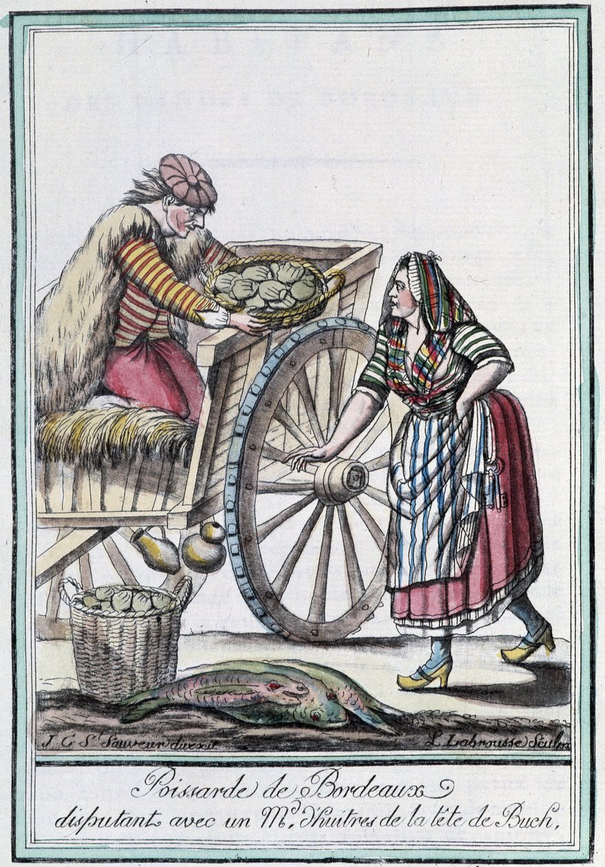 Poissarde de Bordeaux disputerar med en ostronhandlare från chefen för Buch - i "" Encyclopedia of travels"" av J. Grasset St Sauveur, Deron, Paris av L.F. Labrousse