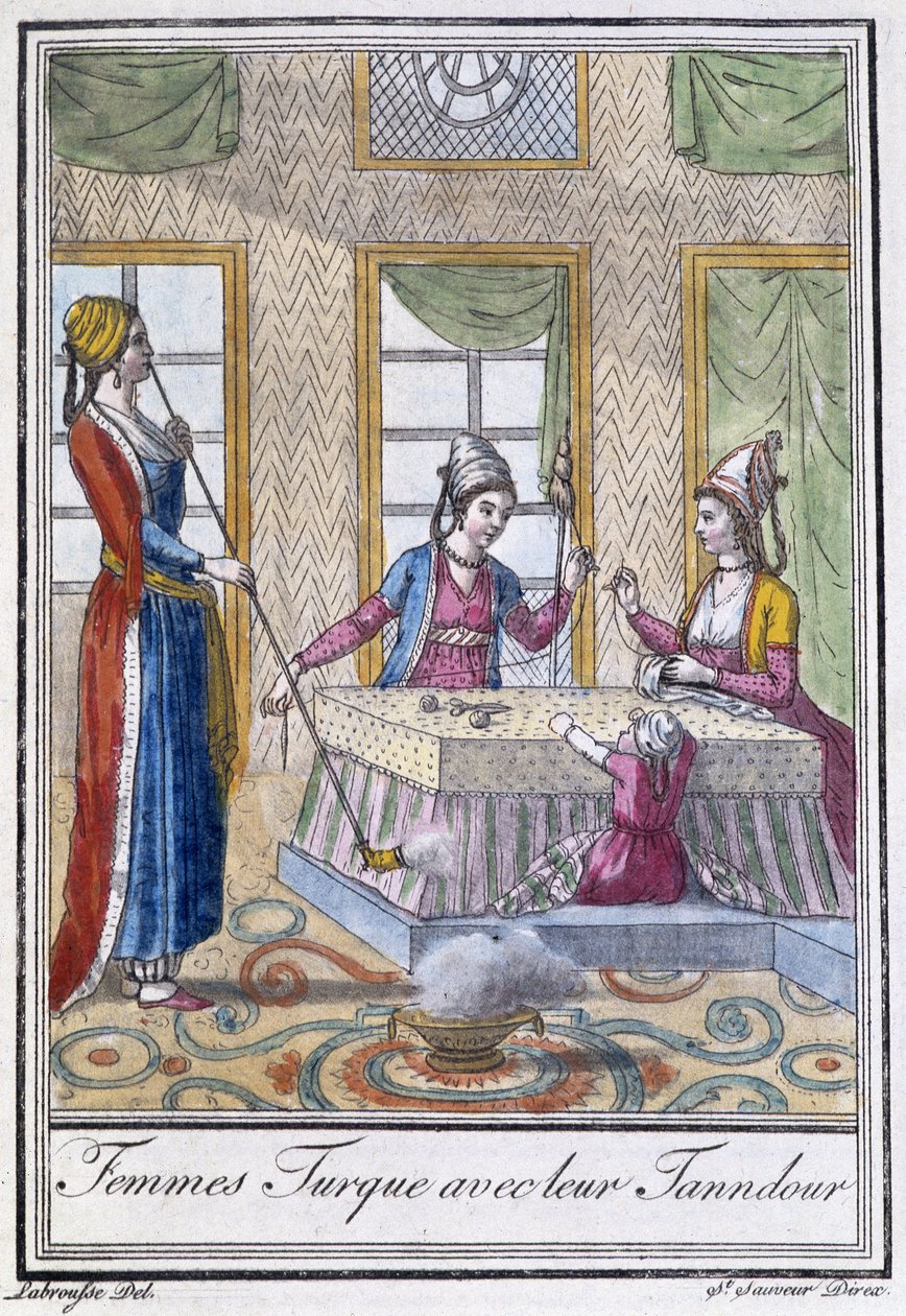 Turkiska kvinnor med sina Tanndour - i "" Encyclopedia of Travels"" av J. Grasset St Sauveur, red. Deroy, Paris av L.F. Labrousse