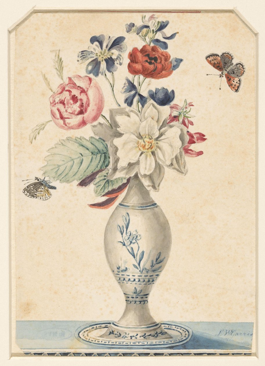 Vas med blommor och en grågul fjäril av L.W. Garrison