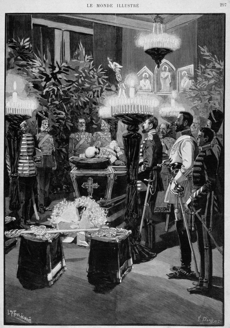 Utställning av kroppen av den ryska kejsaren Alexander III. Teckning av Moulignié. "Den illustrerade världen" av L. Moulignie