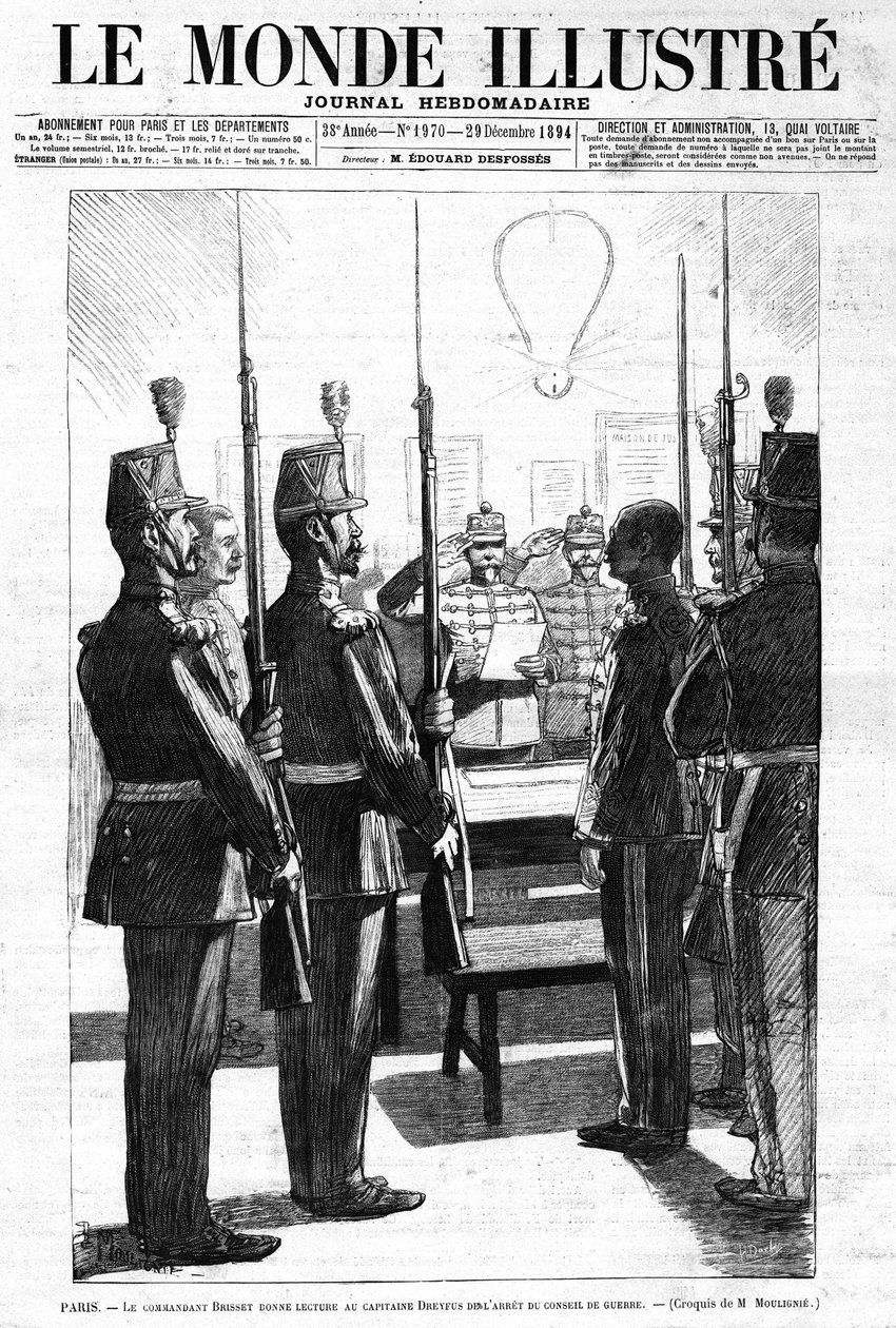 Befälhavaren läste, för kapten Alfred Dreyfus, krigsrådets arrestering, Paris. Skiss av Mr. de Moulignie. I "" Le Monde Illustré"" Weekly Journal nr 1970 av 29 december 1894. av L. Moulignie
