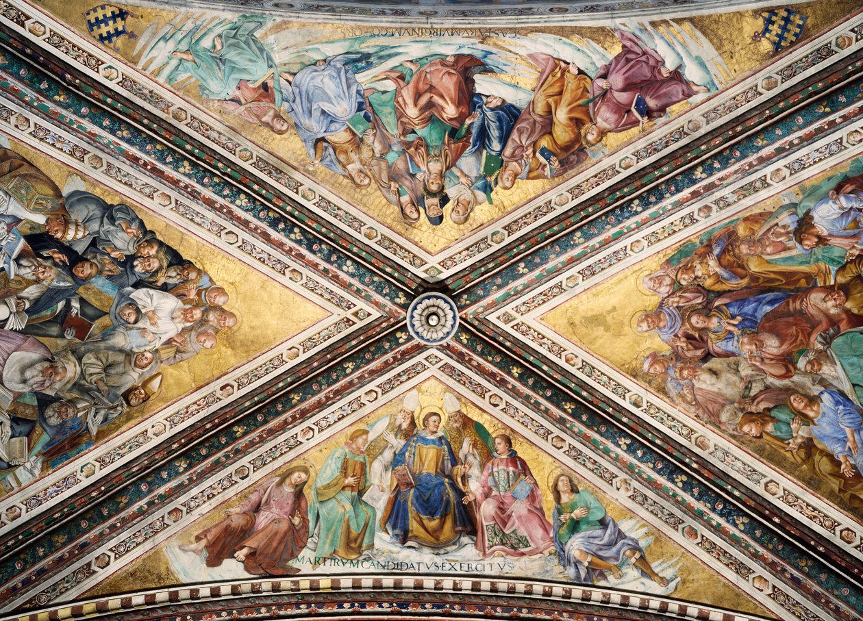 Freskervalv av Giovanni da Fiesole känd som Fra Angelico och Luca Signorelli, kapellet i Madonna di San Brizio, katedralen i Orvieto. Italien av L Fra Angelico and Signorelli