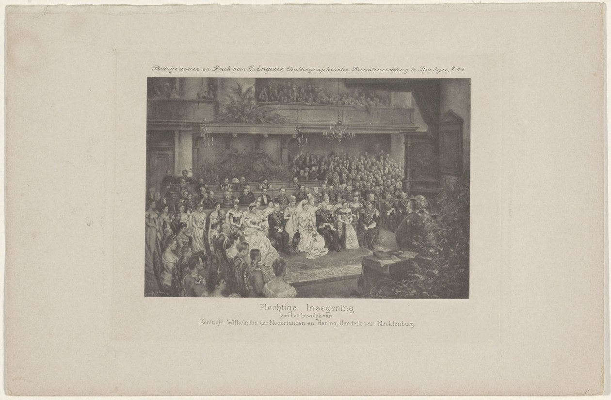 Drottning Wilhelminas och Prins Hendriks bröllopsceremoni, 1901 Högtidlig välsignelse av äktenskapet mellan drottning Wilhelmina av Nederländerna och Hertog Hendrik van Mecklenburg (titel på objektet) av L. Angerer