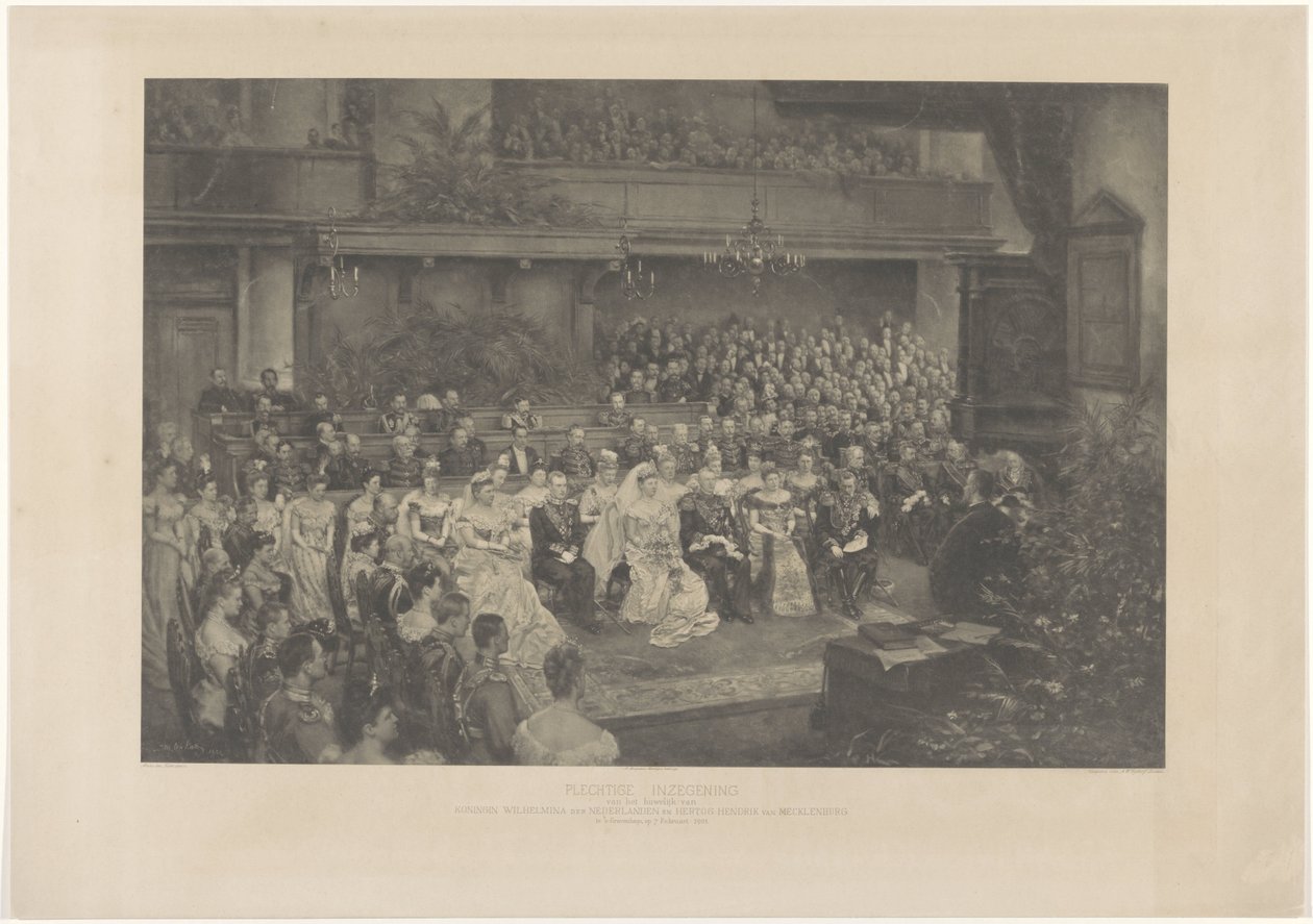 Högtidlig välsignelse av äktenskapet mellan drottning Wilhelmina av Nederländerna och hertig Hendrik van Mecklenburg i Haag, den 7 februari 1901 (titel på objektet) av L. Angerer
