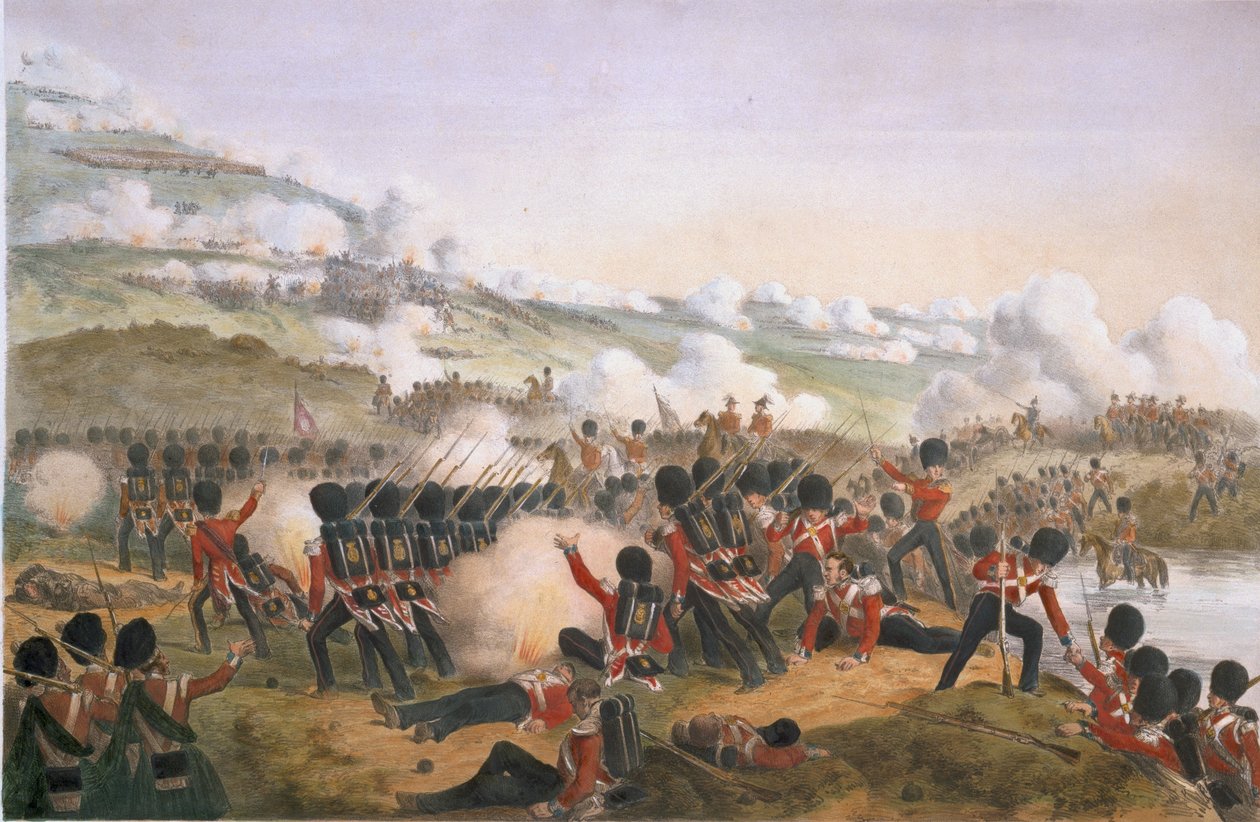 Vakternas stora anfall på Almas höjder under Krimkriget, 1854 (färgad litho) av L. Huard