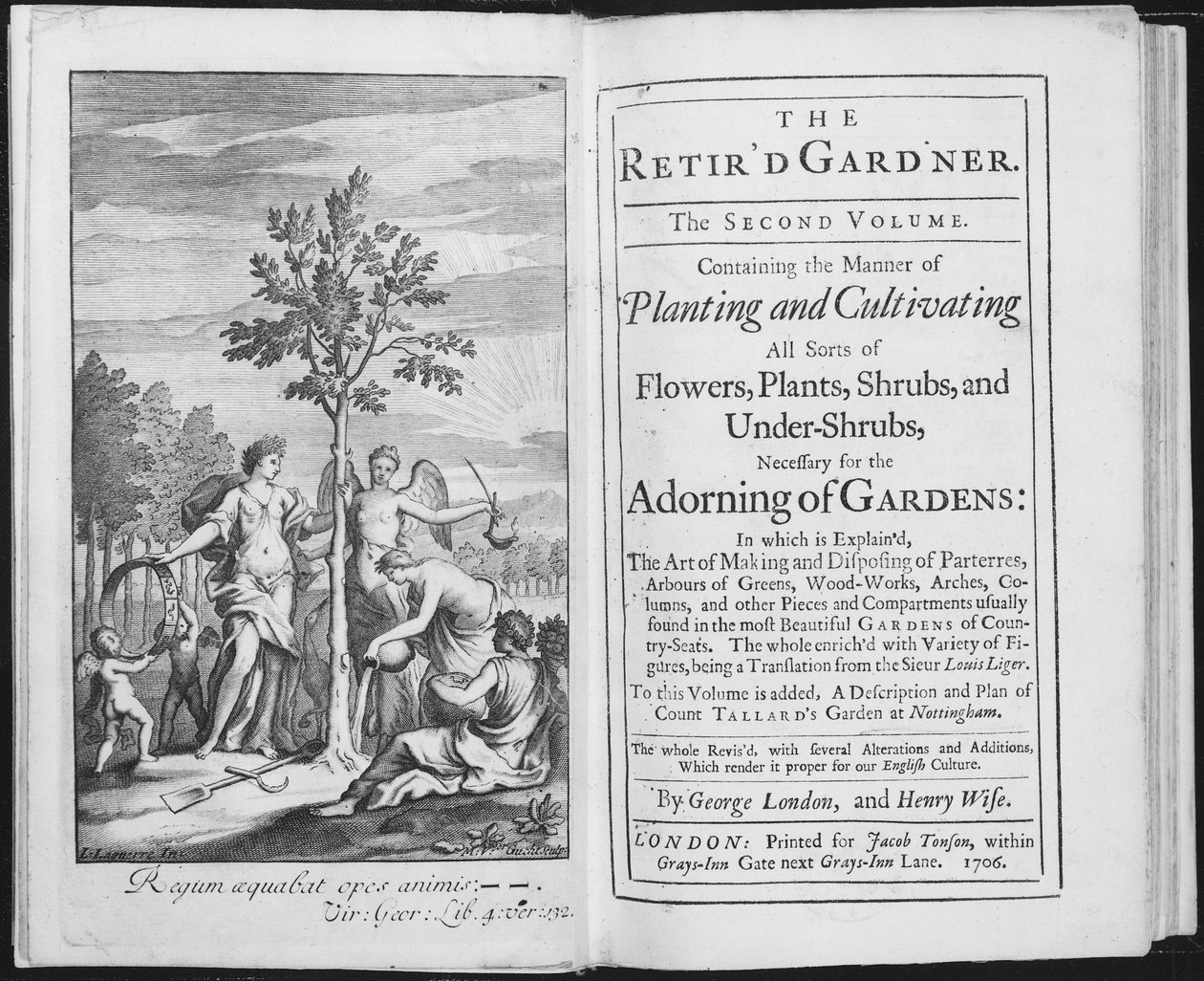 Frontispice till The Retird Gardener av George London och Henry Wise, graverad av Van der Gucht, 1706 (bw-foto) av L. Laguerre