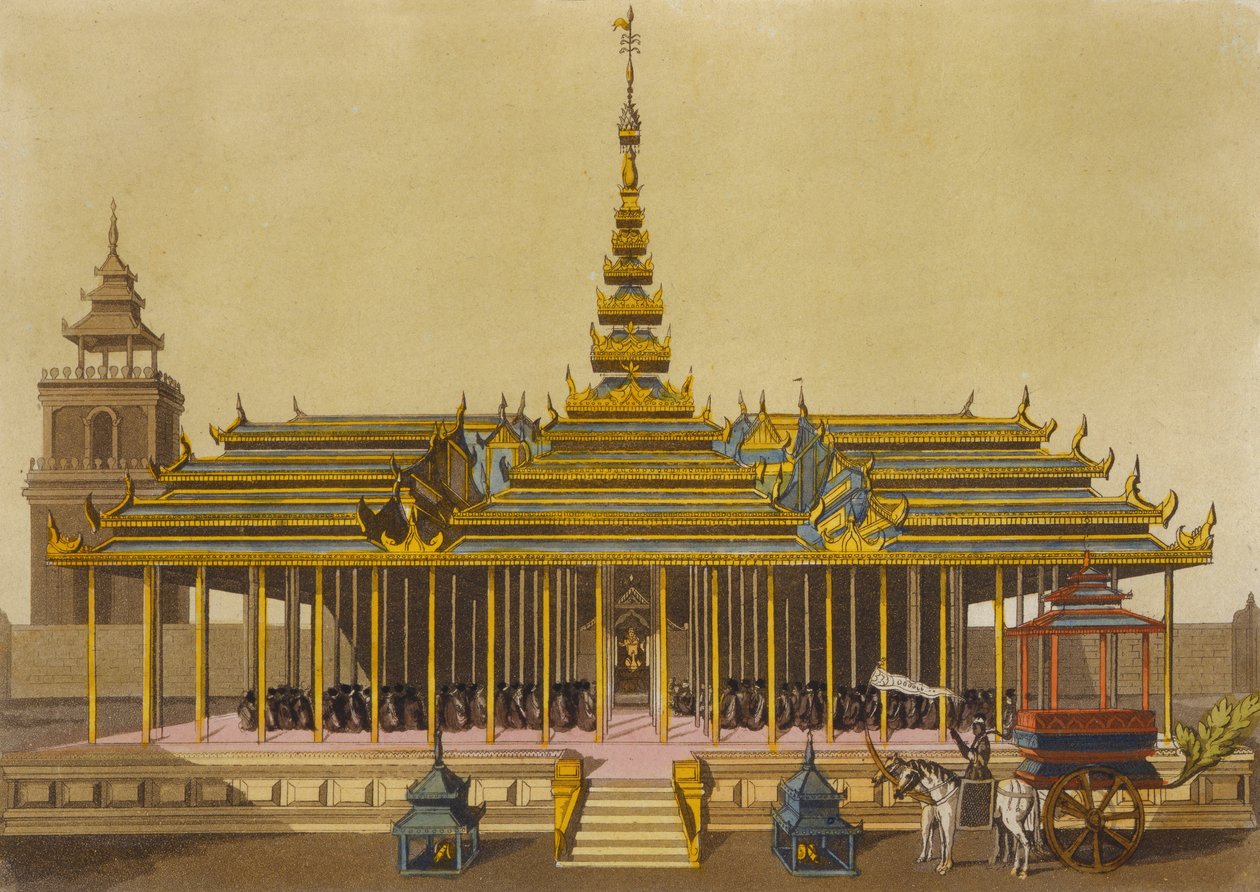 Kungen av Siam tilltalar hovmän i sin paviljong, skylt 69 från Le Costume Ancien et Moderne av Jules Ferrario, graverad av Gaetano Zancon (1771-1816) publicerad ca 1820-30-talet av L. Rossi
