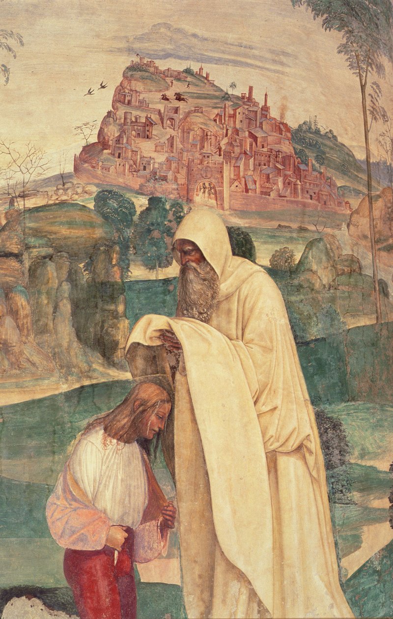 Life of St. Benedict, Scen 4: Munken Romanus klär Benedictus av L. Signorelli