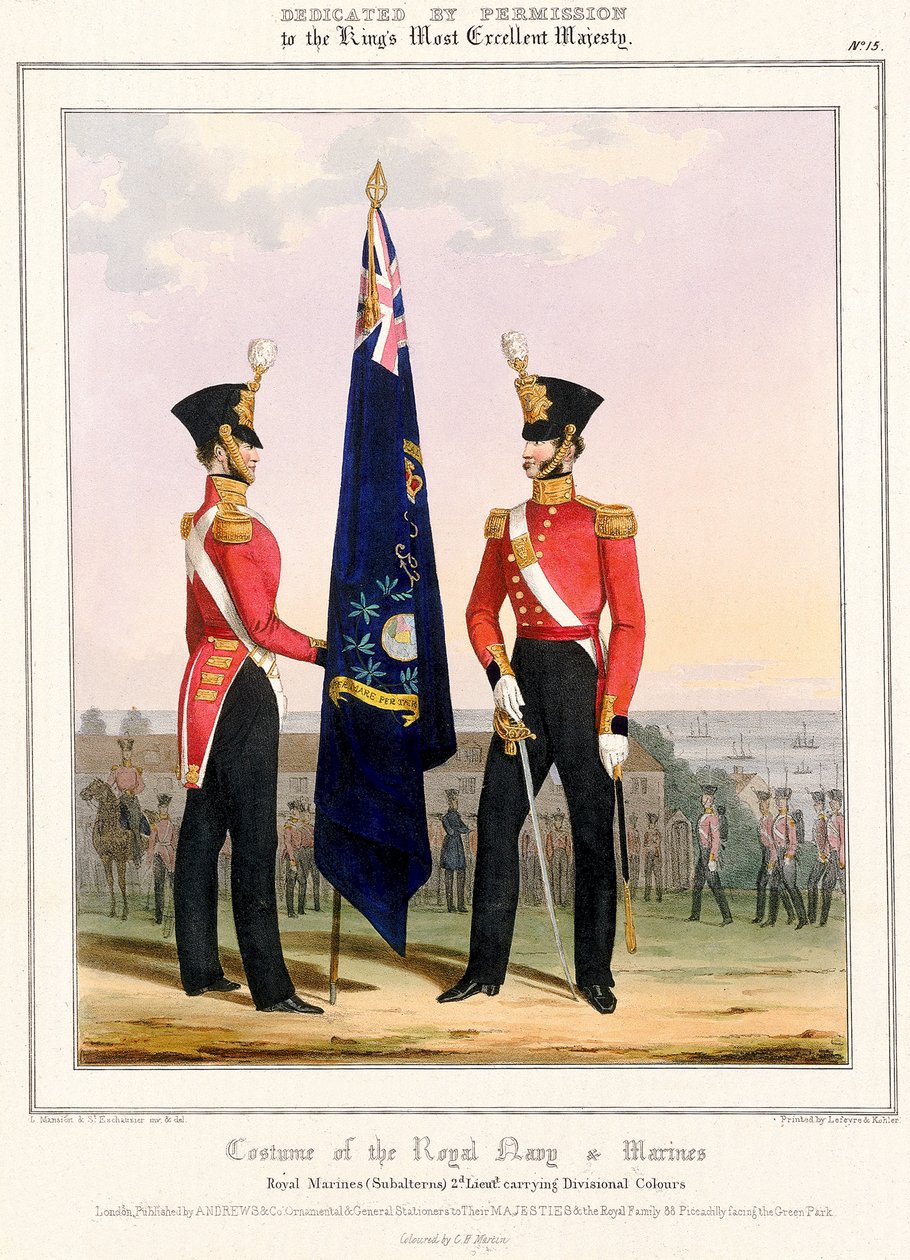 Dräkt för Royal Navy  Marines. Kungliga marinkåren (subalterner) 2d. Lt, ca 1832 (färglitografi) av L. and Eschauzier St. Mansion