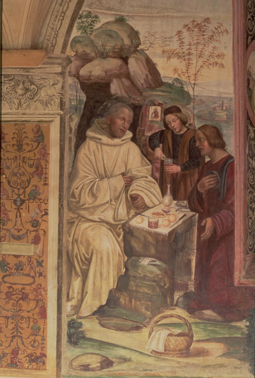 Den helige Benedictus mot ett landskap, från den helige Benedictus liv (detalj) av L. and Sodoma, G. Signorelli