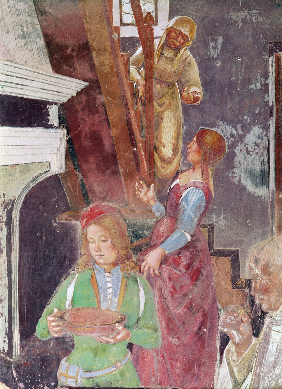 Ung tjänare som håller en tallrik, detalj av St. Benedictus som tar emot gästfrihet, från St. Benedictus liv, 1497-98 (detalj av 164410) av L. and Sodoma, G. Signorelli