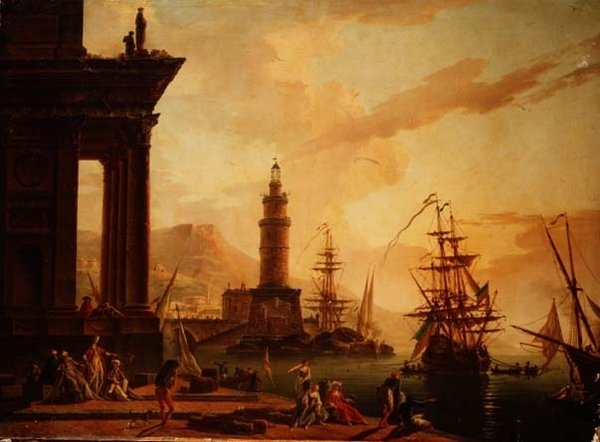 Capriccio av en medelhavshamn med en holländsk fregatt och annan sjöfart av La Croix de Marseilles