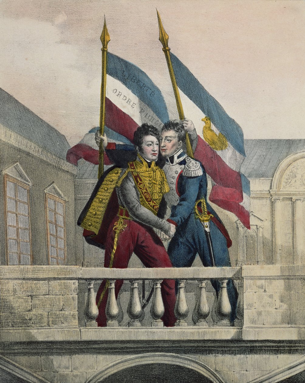 Hertigen av Orleans omfamnar general La Fayette och höjer de nationella färgerna på terrassen i Palais-Royal, 30 juli 1830 av Labastide