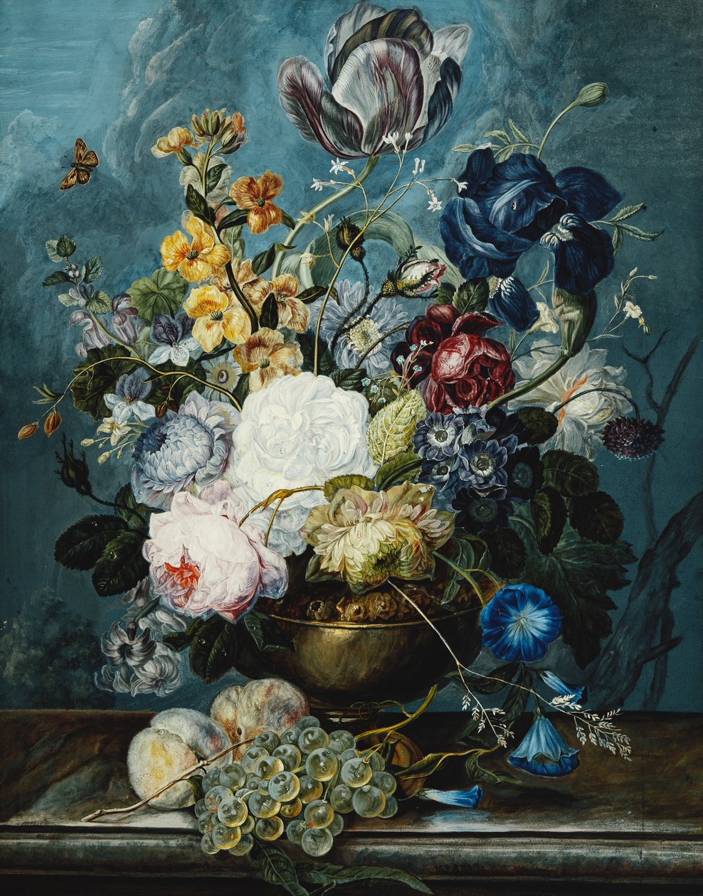 Rosor, en tulpan, en iris, Dahlior, Lamium, Förgätmigej, Convolvulus, Auricula och Delphiniums i en vas med vindruvor och persikor på en stenavsats, av Ladislaus Tumal