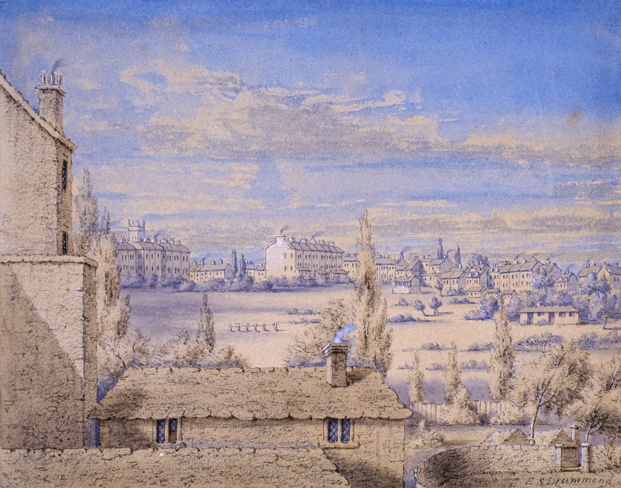 Utsikt över Belgrave Square från No.6 Grosvenor Place, London, ca 1820 (wc och penna på papper) av Lady Emily Drummond