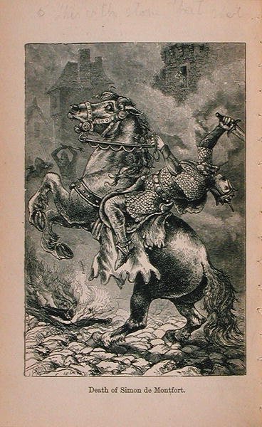 Simon De Montforts död (1150-1218) illustration från Little Arthurs History of France: From the Earliest Times to the Fall of the Second Empire publicerad 1899 av Lady M. Chalcott