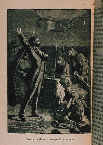 Gambetta på väg att fly i en ballong, illustration från Little Arthurs History of France: From the Earliest Times to the Fall of the 2nd Empire, publicerad 1899 av Lady M. Chalcott