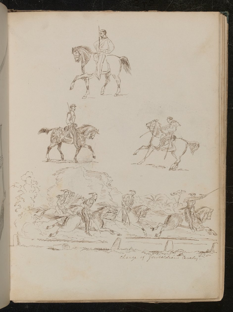 Studier av soldater till häst, gruppscenen är inskriven "Charge of Garibaldian Cavalry" (penna och bläck) av Lady  Butler
