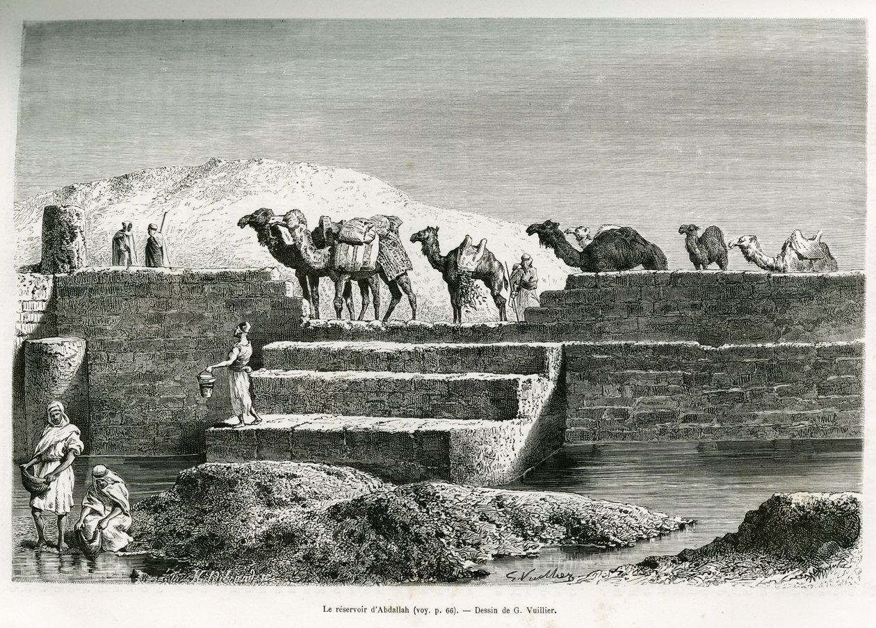 Reservoaren av Abdullah, Saudiarabien, illustration från "Pilgrimsfärd till Nejd, den arabiska rasens vagga", publicerad i World Tour, ledd av Edouard Charton (1807-1890) 1882 (litho) av Lady Anne Blunt