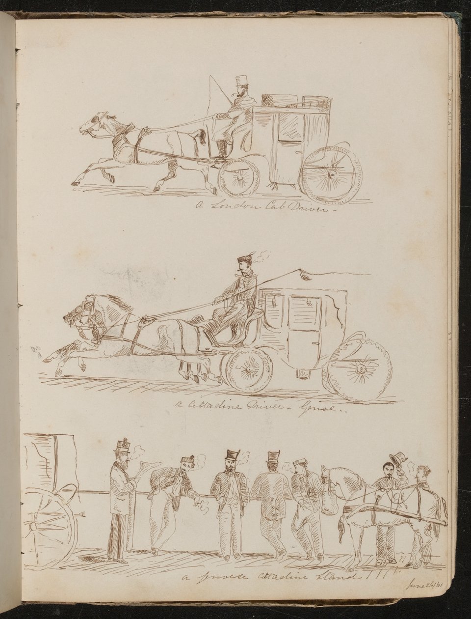 Studier av "en taxichaufför från London", "en Cittadine-förare - Genua" och "ett genuesiskt Cittadine-ställ", daterat "26/61 juni" av Lady Butler
