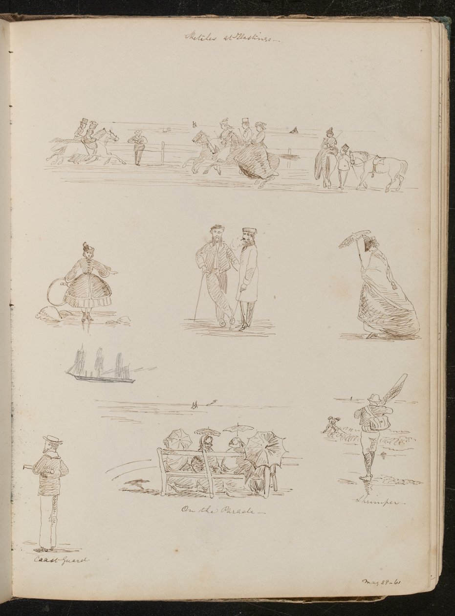 Studier av män och kvinnor "On the Parade", en man med ett nät märkt "Shrimper", en sjöman märkt "Coast guard", daterad "28-61 maj? av Lady Butler