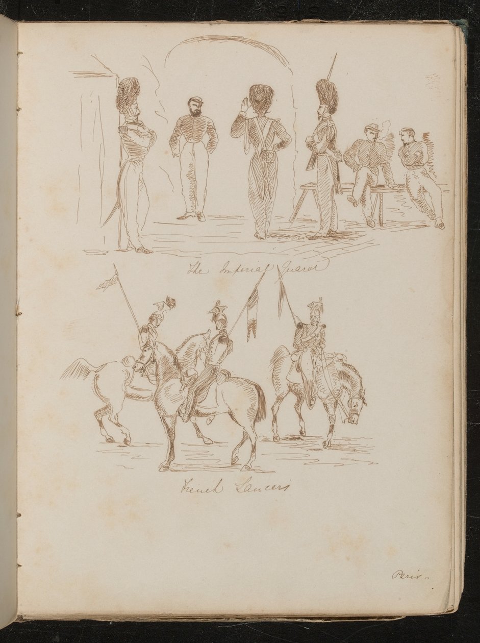 Studier av soldater inskrivna "Imperial Guards", soldater med flaggor på hästryggen inskrivna "French Lancers" av Lady Butler