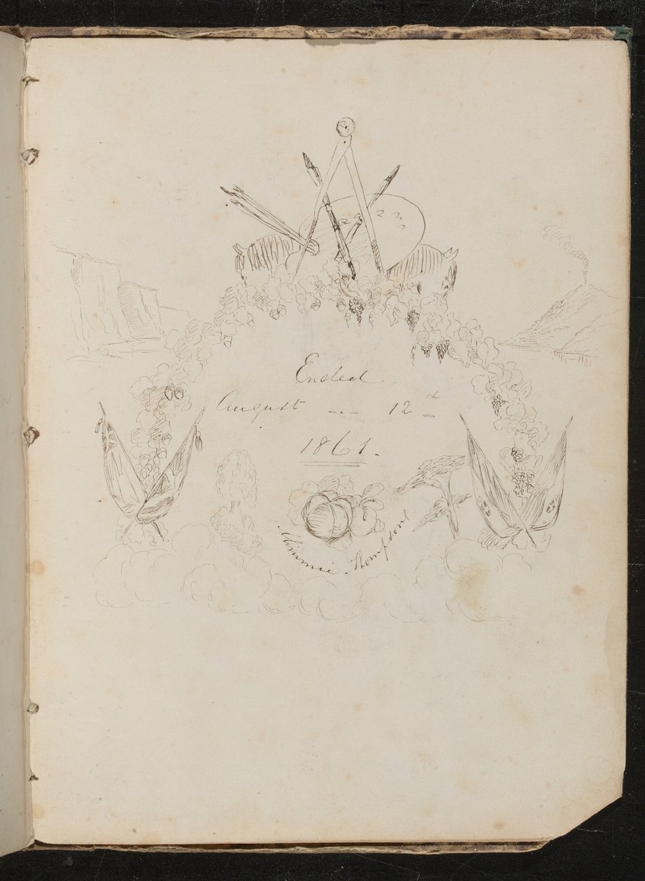 Studie av konstnärers material, fjäril, blommor, flaggor, klippvägg och krans i vapenformation kring inskriptionen "Slutade den 12 augusti 1861" av Lady Butler