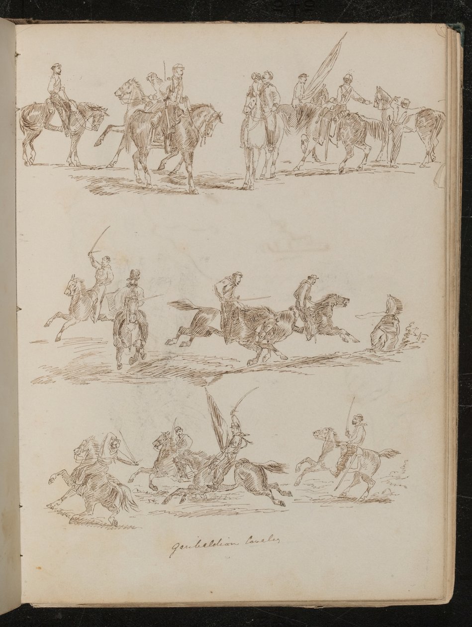 Tre studier av soldater på hästryggen inskrivna "Garibaldian Cavalry" av Lady Butler