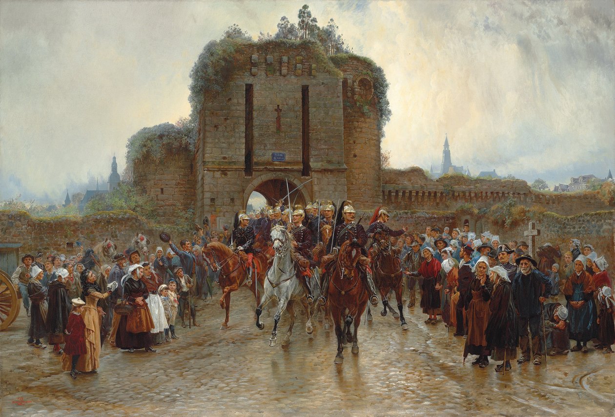 Till fronten: Franskt kavalleri lämnar en bretonsk stad vid krigsförklaringen, 1888-89 av Lady Butler