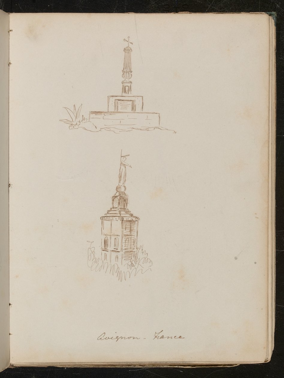 Två arkitektoniska studier av monument, plats noterad som "avignon - Frankrike" av Lady Butler