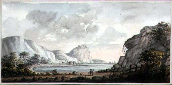 Landskap med två figurer med utsikt över en vik, ca 1825 (akvarell på papper) av Lady Egerton