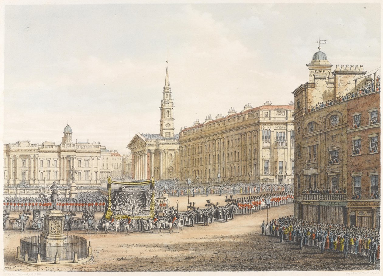 Begravningsbilen och processionen vid hertigen av Wellingtons statliga begravning passerar Mansion House 18 november 1852 av Lady Emily Drummond