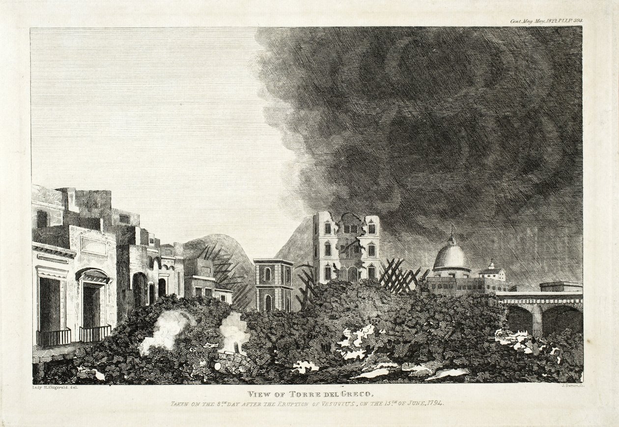 Utsikt över Torro del Greco: Taget på den 8:e dagen efter Vesuvius utbrott, 15 juni 1794, 1822 (gravyr och etsning) av Lady H. Fitzgerald