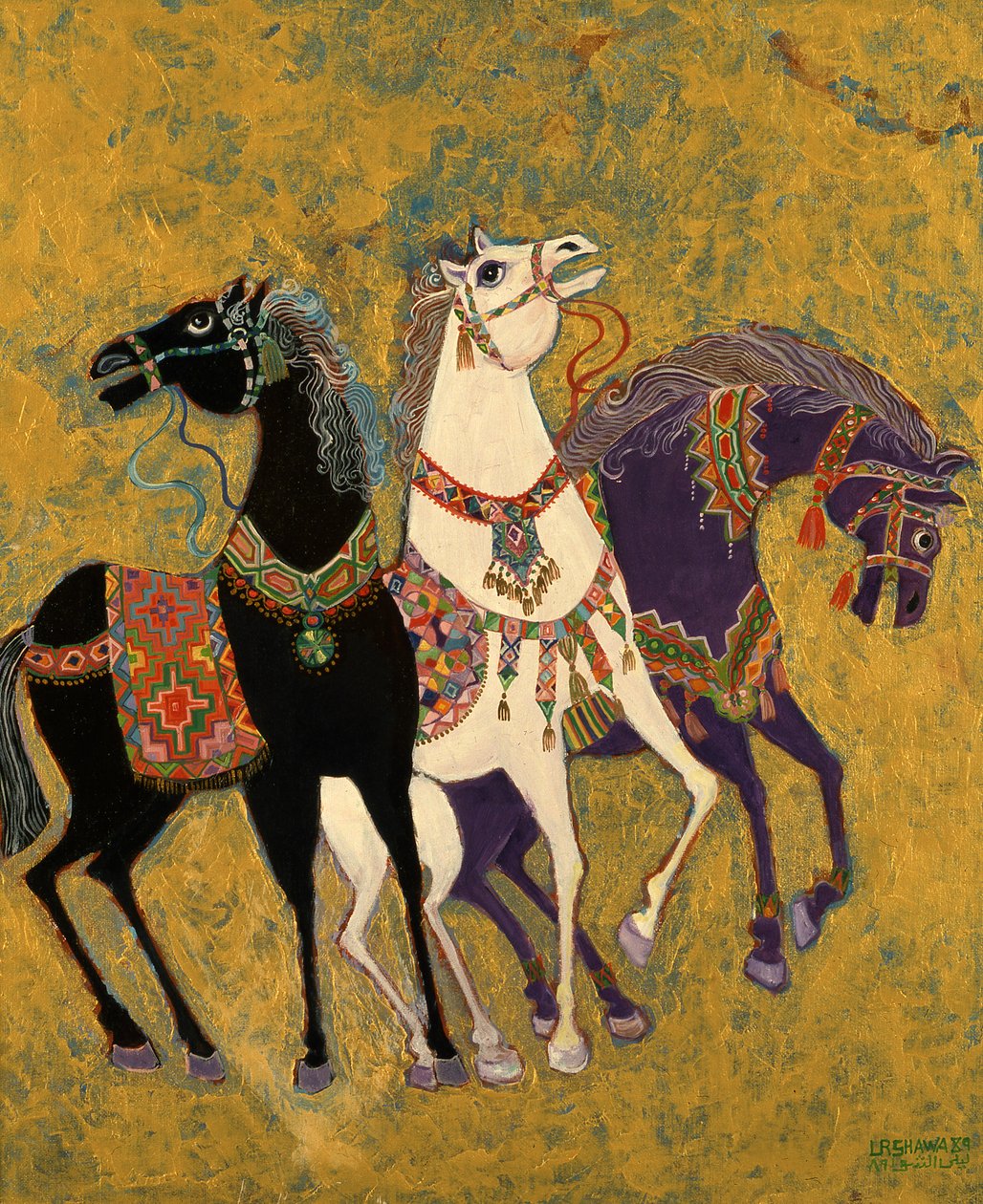 3 hästar, 1975 (akryl ombord) av Laila Shawa