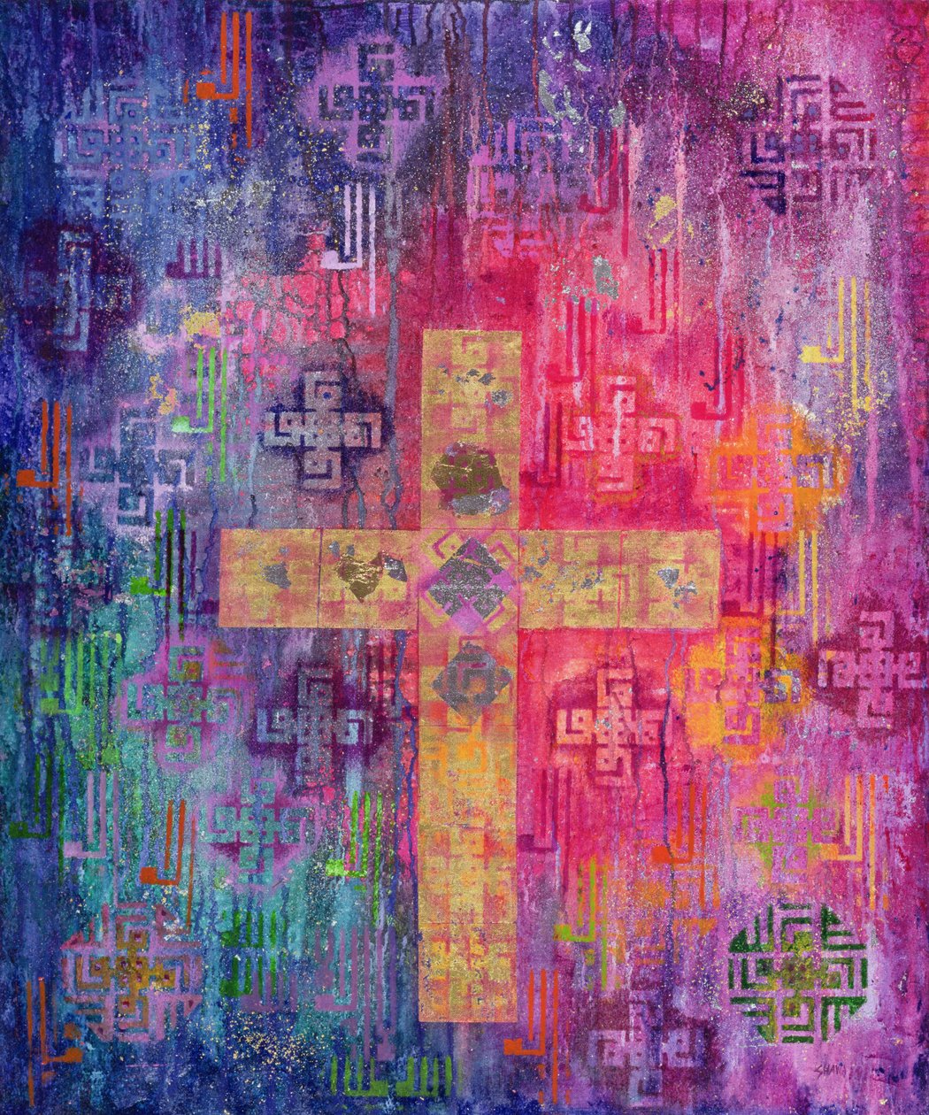 Eastern Cross, 2000 (akryl & bladguld på duk) av Laila Shawa