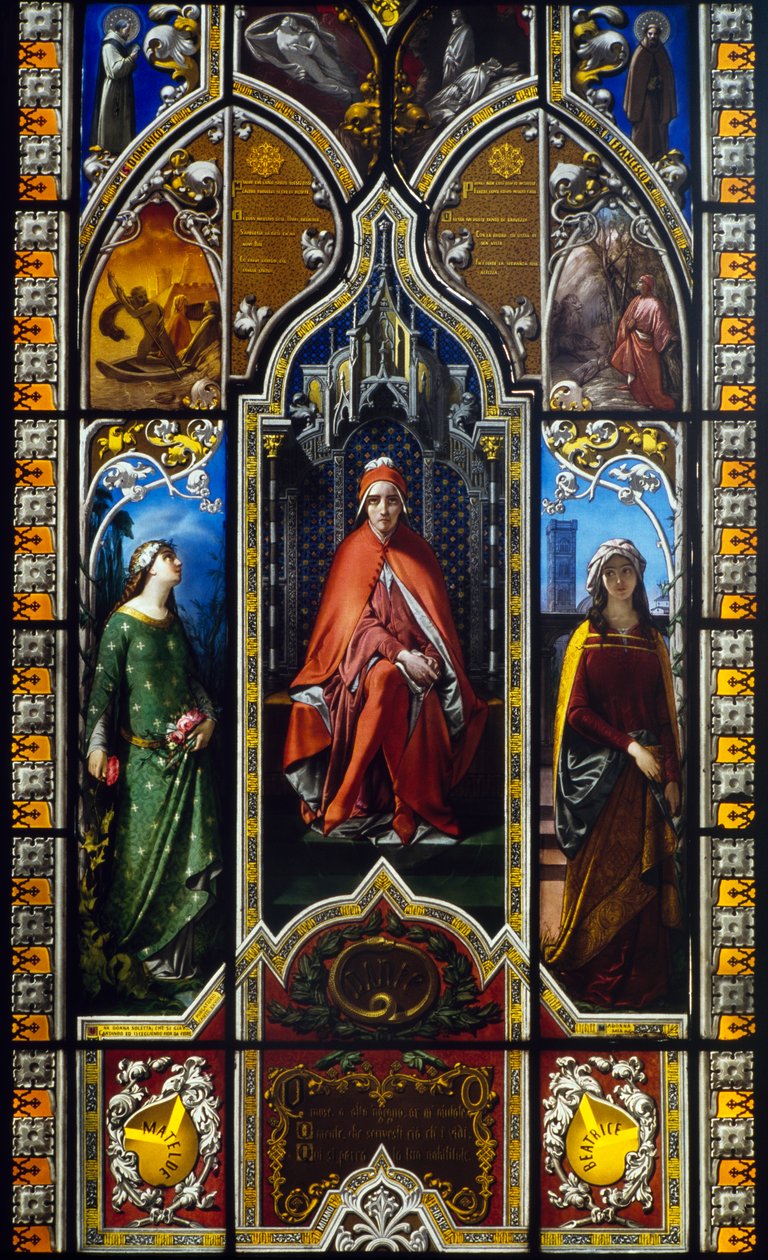 Dantes triumf (1851), målat glasfönster av Giuseppe Bertini (1825-1898), Poldi Pezzoli-museet, Milano, Lombardiet, Italien av Amadeo (after) Modigliani