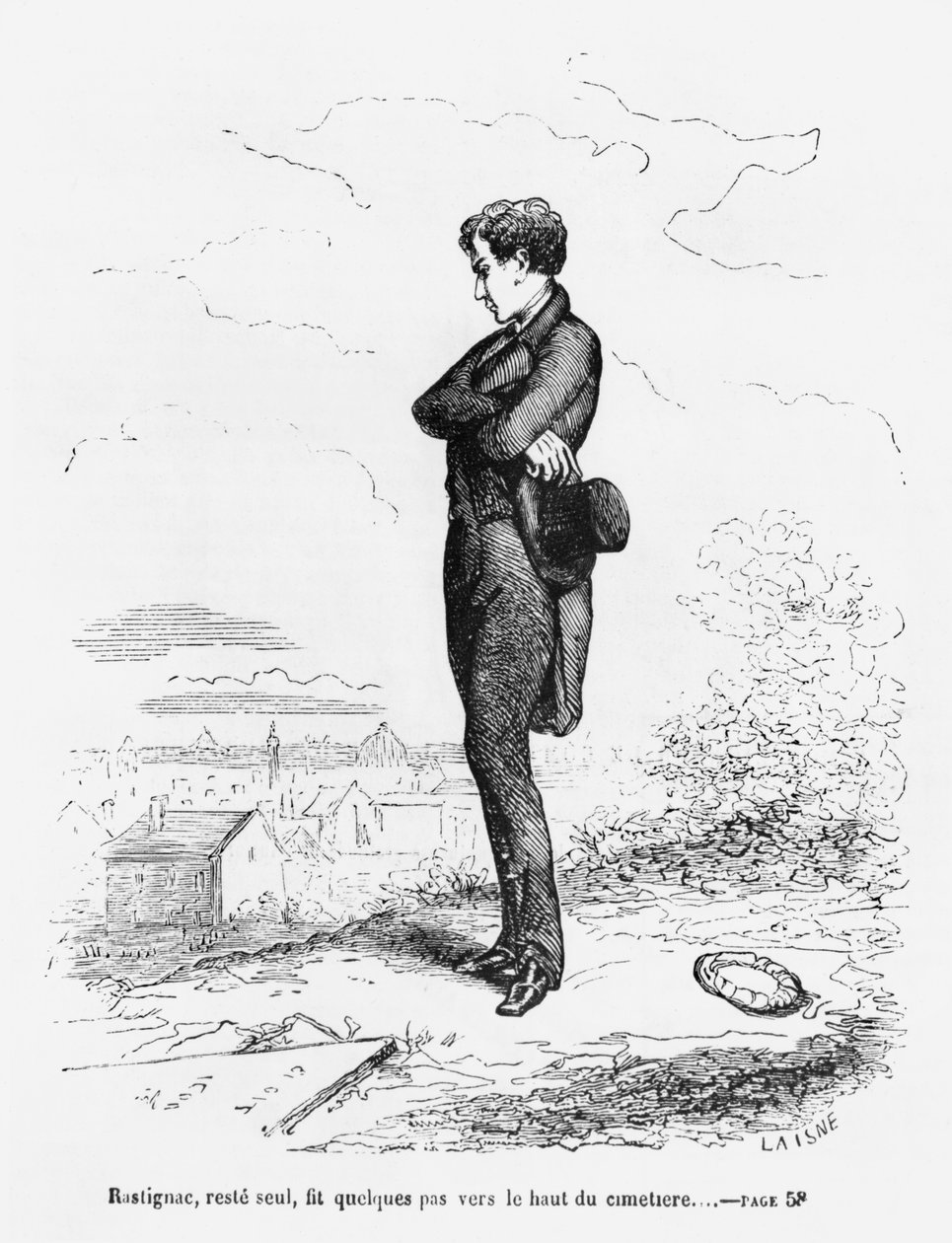 "Ensam kvar gick Rastignac några steg till den högsta delen av kyrkogården", illustration från "Le Pere Goriot" av Honore de Balzac (1799-1850) av Laisne