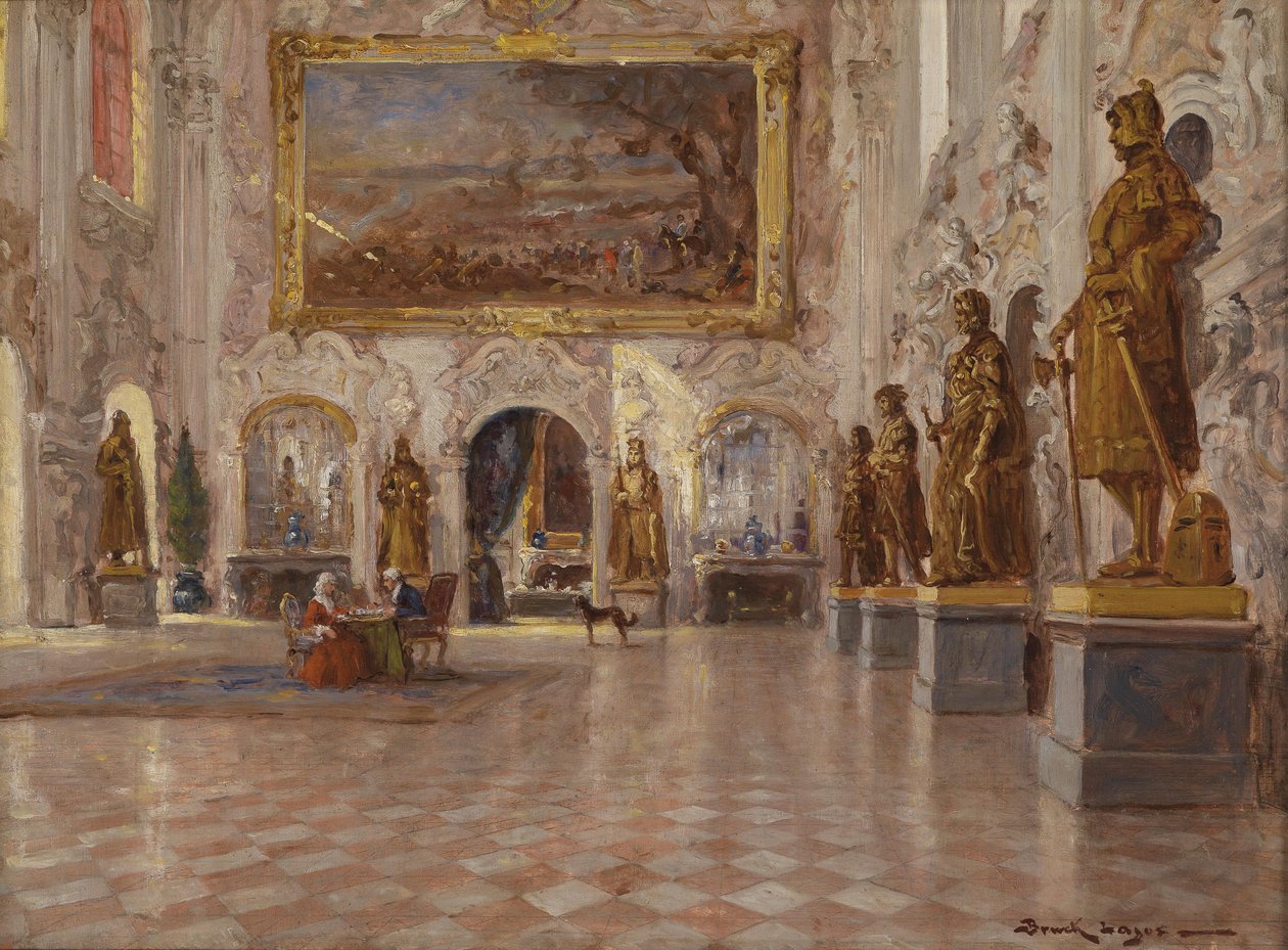 Der große Saal in Schloss Schleißheim, mit einem der zwei Kolossalgemälde von Franz Joachim Beich av Lajos Bruck