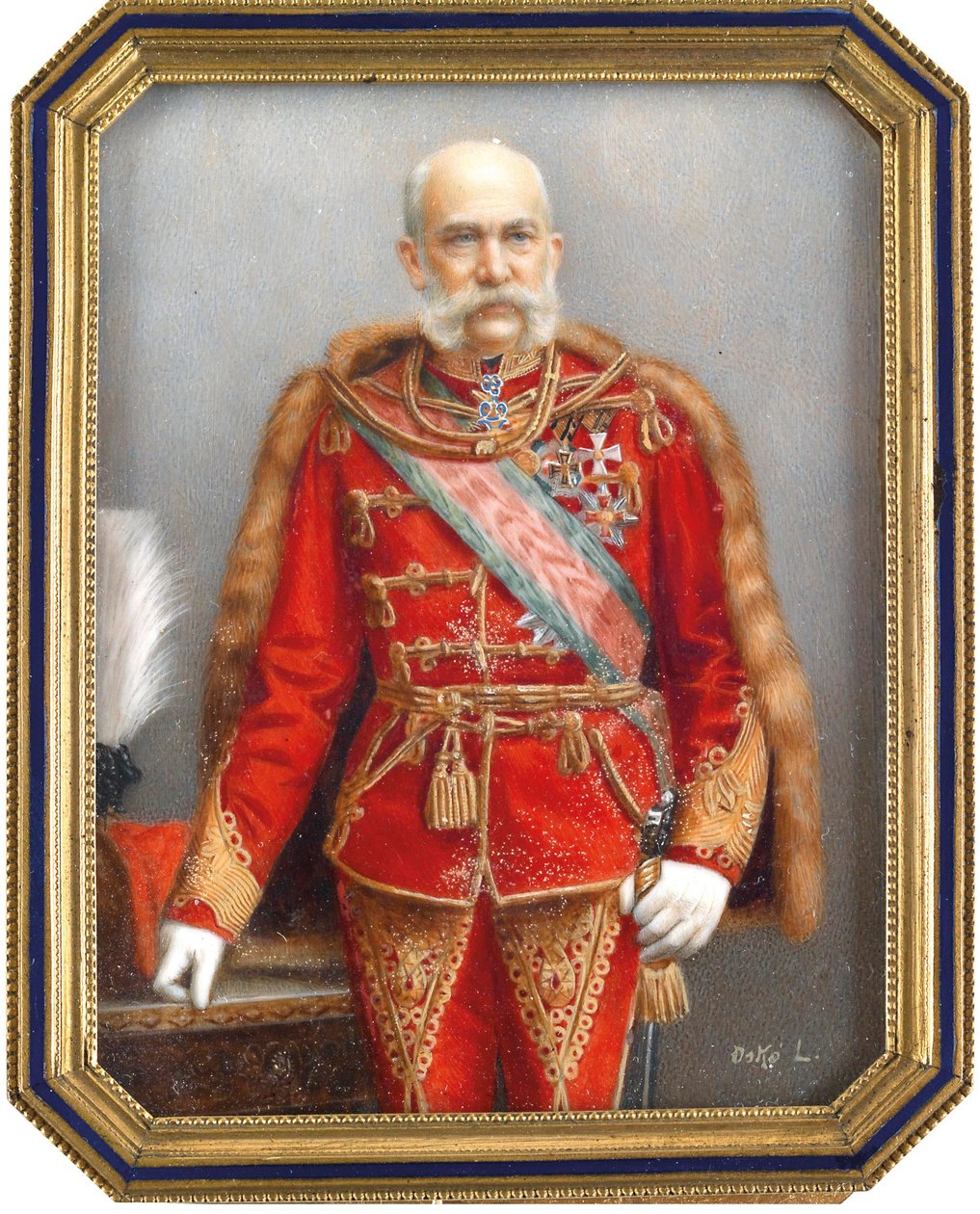 Porträtt av Francois Joseph I av Österrike (1830-1916), i ungersk uniform. Verk av Lajos Osko (1865-1922), akvarell och gouache på horn. Ungersk konst, akademisk konst. Privat samling. av Lajos Osko