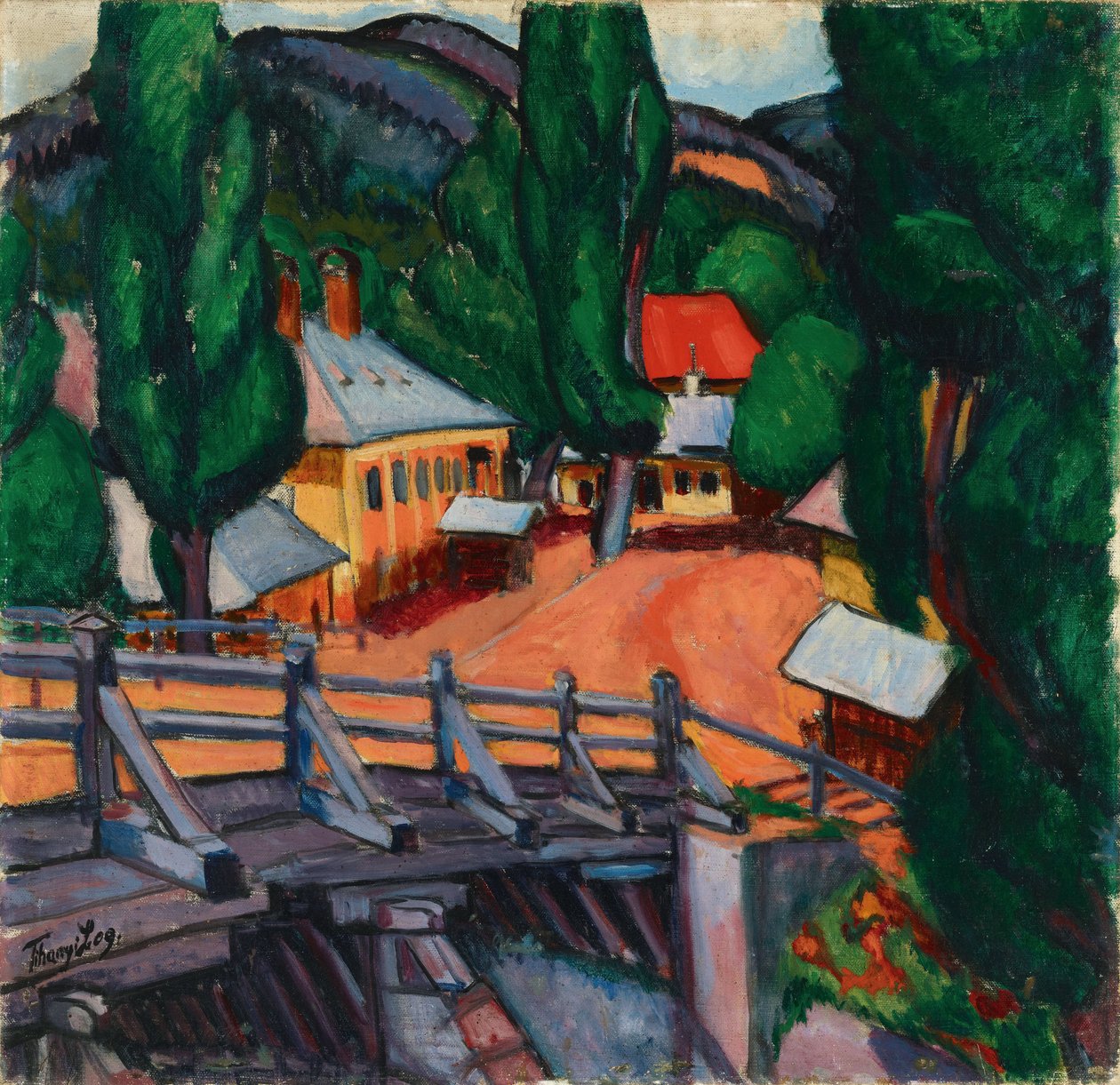 Paysage avec un pont - Landskap med en bro, av Tihanyi, Lajos (1885-1938). Olja på duk av Lajos Tihanyi